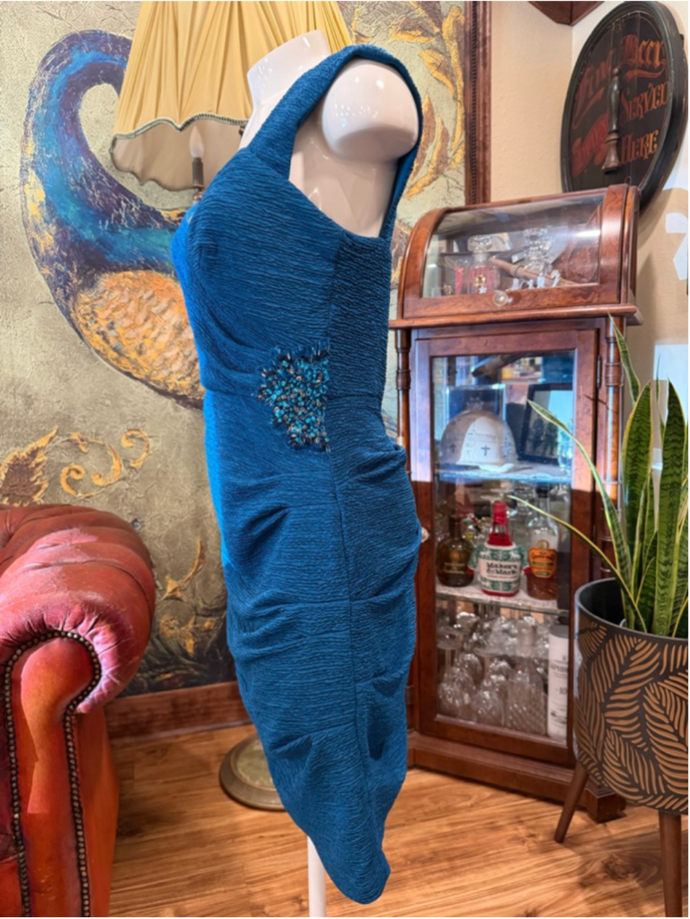 ONE BY EIGHT Teal Ruched Sheath Dress Beaded Waist Cutout Back Cocktail Wedding - Picture 5 of 11